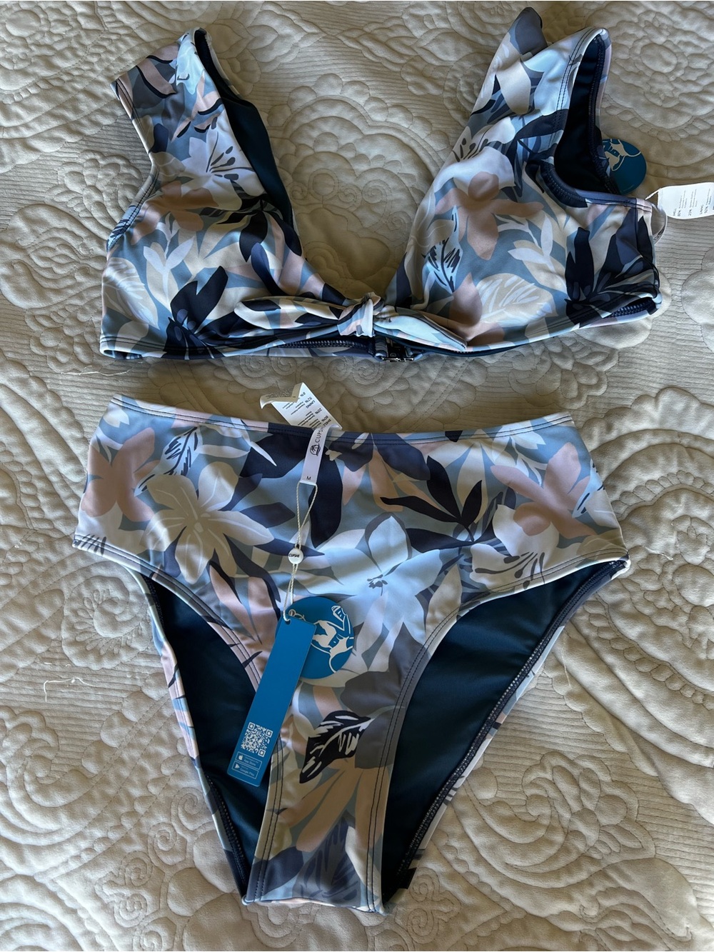Cupshe Blue and Pink Floral High-Waist Bikini Set